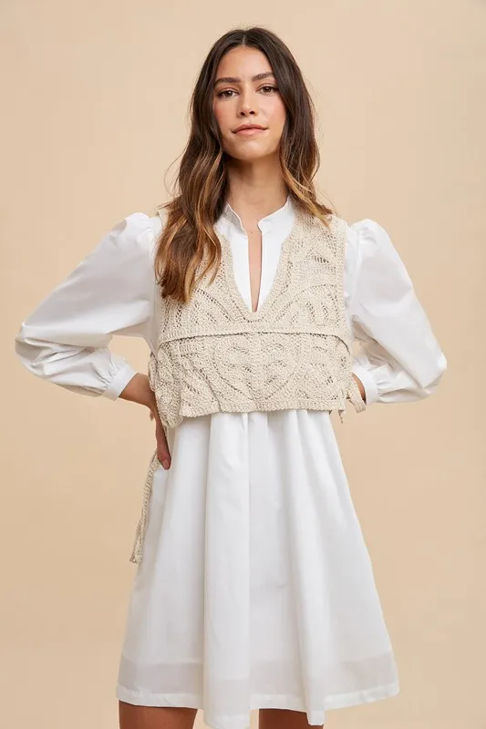 Crochet Vest Notched Long Sleeve Shirt Dress - White