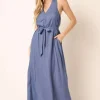 Cross Back Belted V Neck Tank Maxi Dress - Dusty Blue