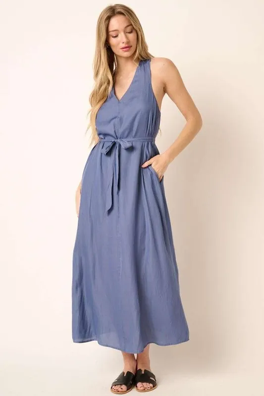 Cross Back Belted V Neck Tank Maxi Dress - Dusty Blue