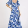 Cutout Back Floral Sweetheart Neck Puff Sleeve Dress - Royal