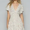 Cutout Back Frill Floral V-Neck Short Sleeve Mini Dress - Cream