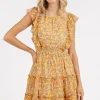 Ditsy Floral Print Ruffle Chiffon Mini Dress - Tangerine