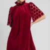 Dotted Lace Half Sleeve Mock Neck Back Tie Velvet Dress - Burgundy