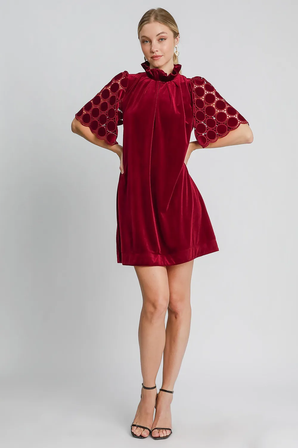 Dotted-Lace-Half-Sleeve-Mock-Neck-Back-Tie-Velvet-Dress-Burgundy-3