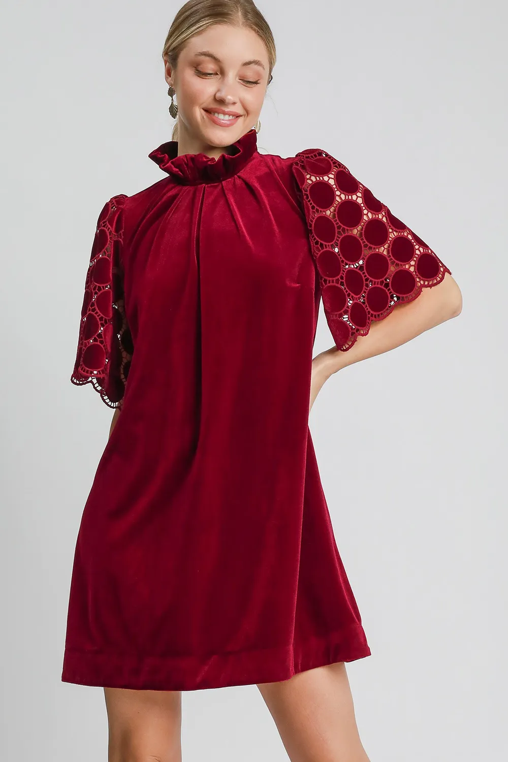 Dotted-Lace-Half-Sleeve-Mock-Neck-Back-Tie-Velvet-Dress-Burgundy Dotted Lace Half Sleeve Mock Neck Back Tie Velvet Dress - Burgundy