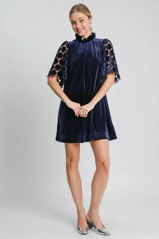 Dotted-Lace-Half-Sleeve-Mock-Neck-Back-Tie-Velvet-Dress-Navy-3