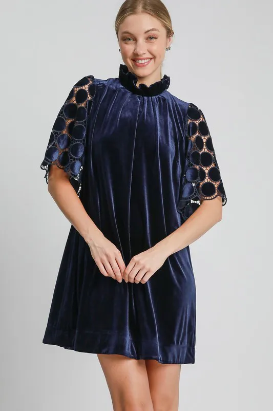 Dotted-Lace-Half-Sleeve-Mock-Neck-Back-Tie-Velvet-Dress-Navy Dotted Lace Half Sleeve Mock Neck Back Tie Velvet Dress - Navy