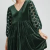 Dotted Lace Sleeve Tiered Velvet Mini Dress - Dark Green