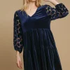Dotted Lace Sleeve Tiered Velvet Mini Dress - Navy