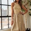 Drawstring Sleeveless Washed Dress - Tan