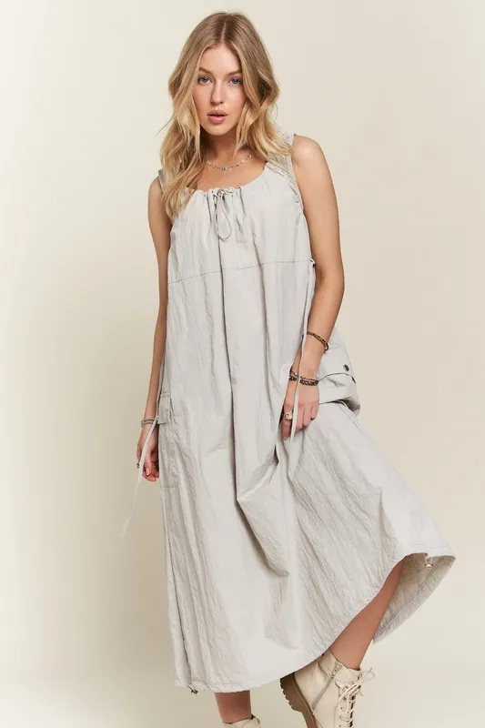 Drawstring Slit Back Cargo Dress - Lt Grey
