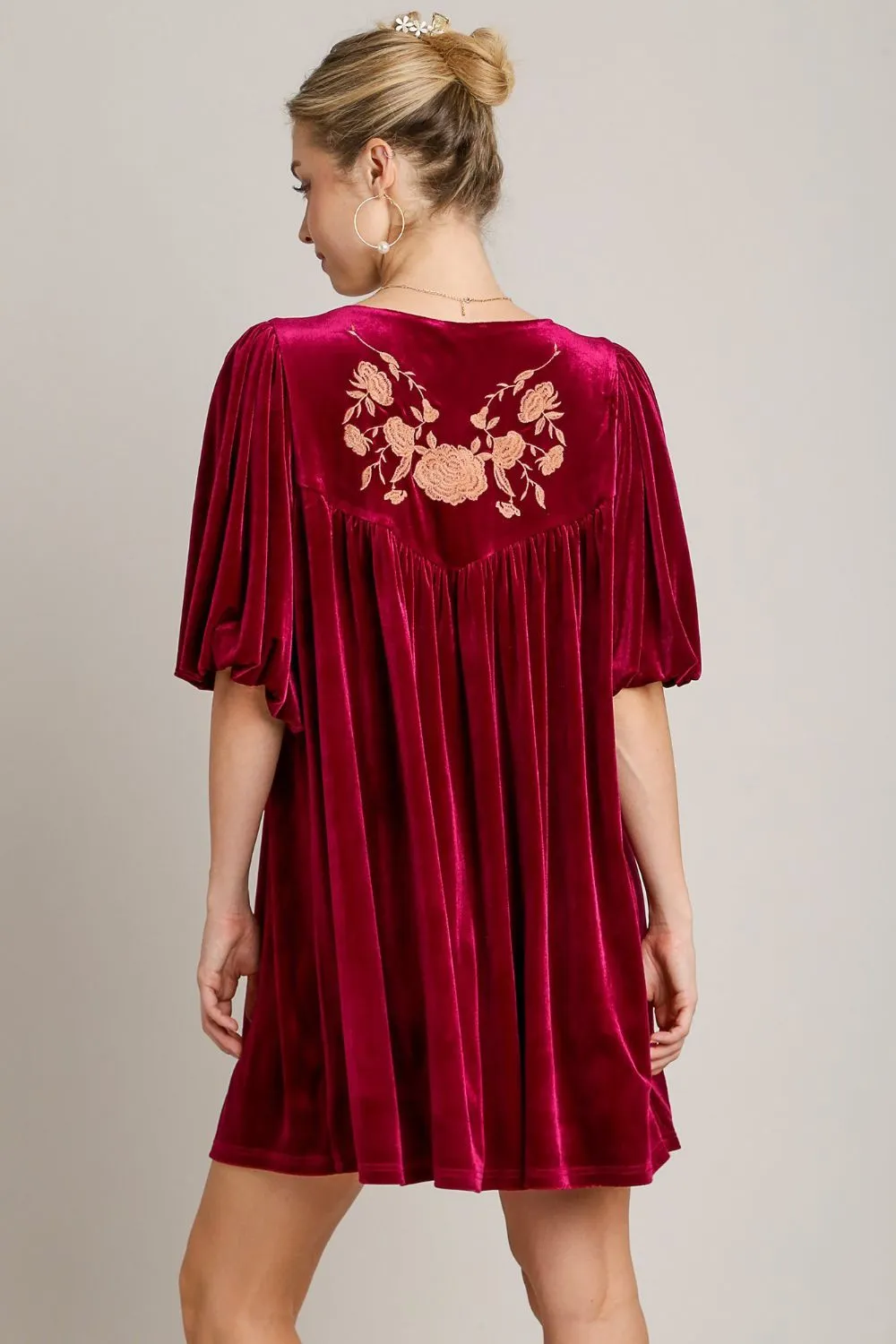 Embroidered-Half-Sleeve-Velvet-Mini-Dress-with-Tassel-Burgundy-2