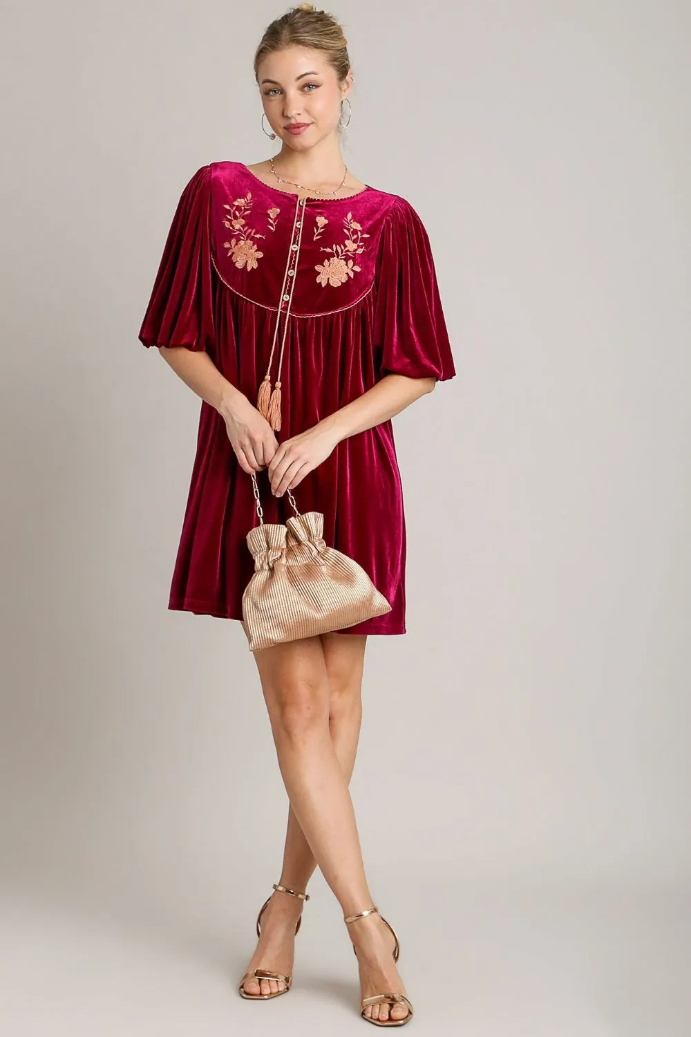 Embroidered-Half-Sleeve-Velvet-Mini-Dress-with-Tassel-Burgundy-4