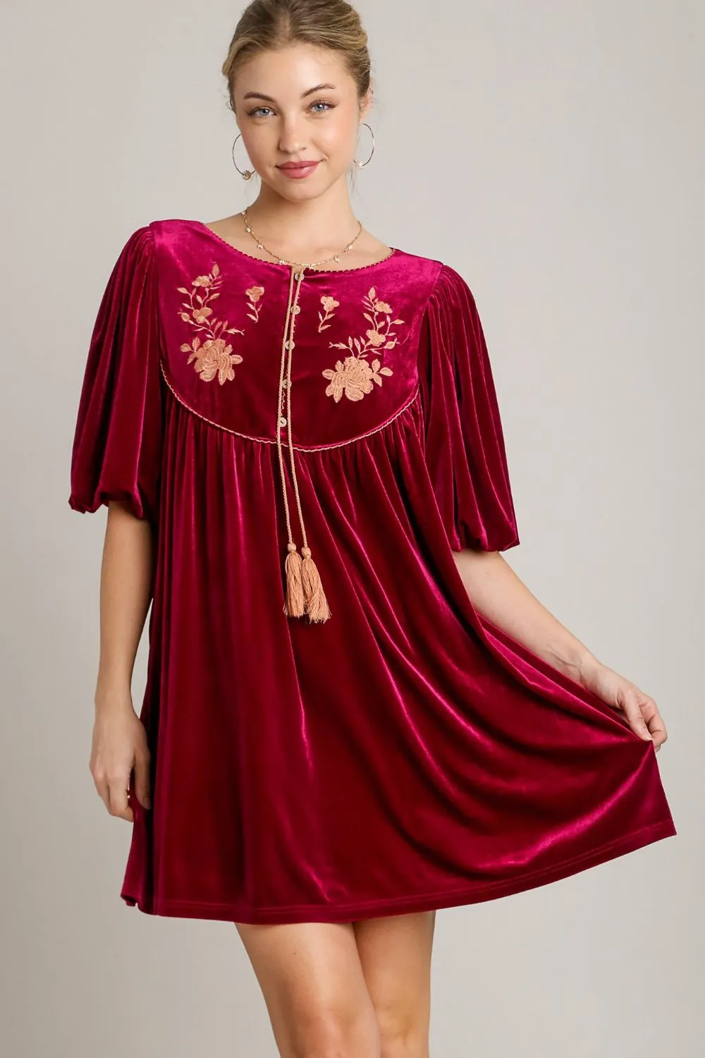 Embroidered Half Sleeve Velvet Mini Dress with Tassel - Burgundy