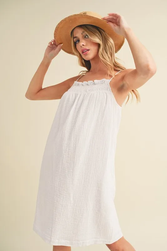 Embroidered Trim Gauze Square Neck Mini Cami Dress - White