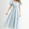Eyelet Lace Puff Sleeve V Neck Midi Dress - Blue