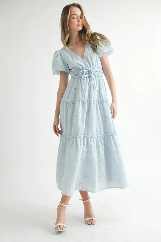 Eyelet-Lace-Puff-Sleeve-V-Neck-Midi-Dress-Blue-3
