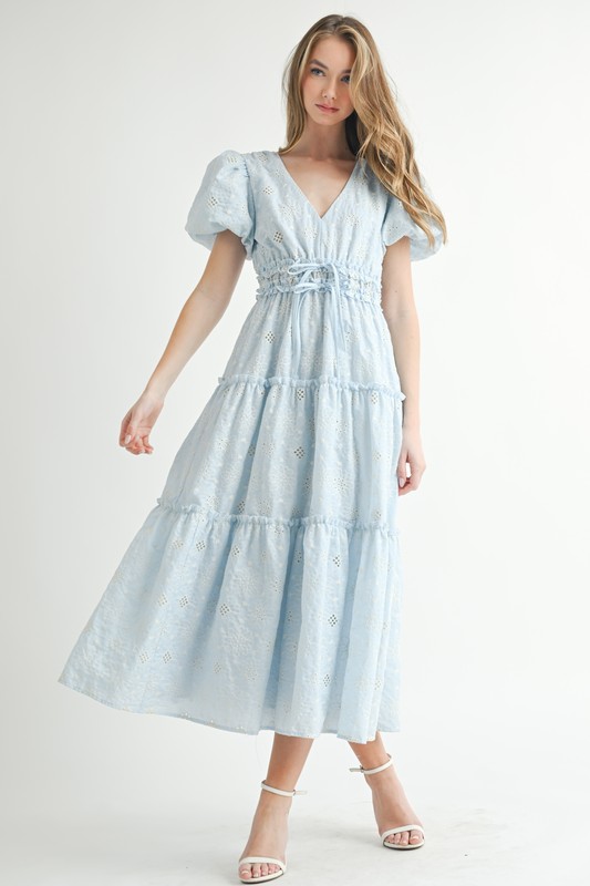 Eyelet-Lace-Puff-Sleeve-V-Neck-Midi-Dress-Blue Eyelet Lace Puff Sleeve V Neck Midi Dress - Blue