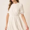 Eyelet Round Neck Puff Sleeve Mini Dress - White
