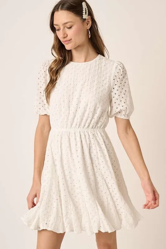 Eyelet Round Neck Puff Sleeve Mini Dress - White