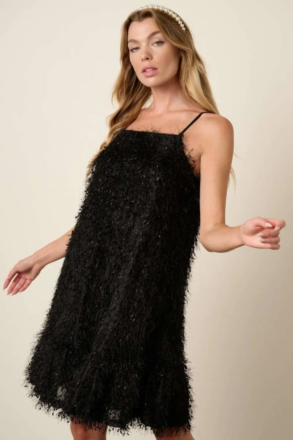 Feather Ruffle Hem Mini Cami Dress - Black