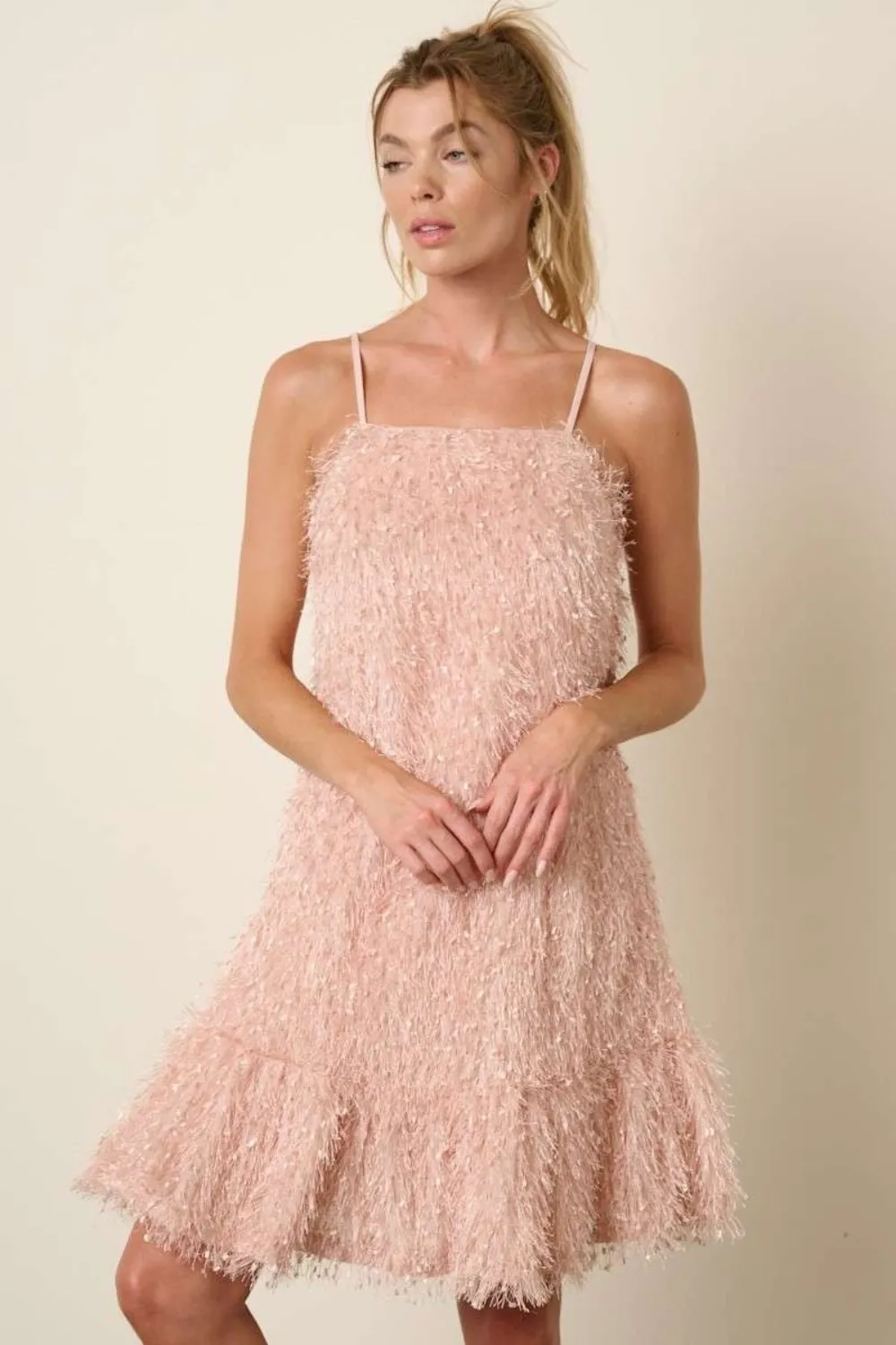 Feather-Ruffle-Hem-Mini-Cami-Dress-Blush Feather Ruffle Hem Mini Cami Dress - Blush