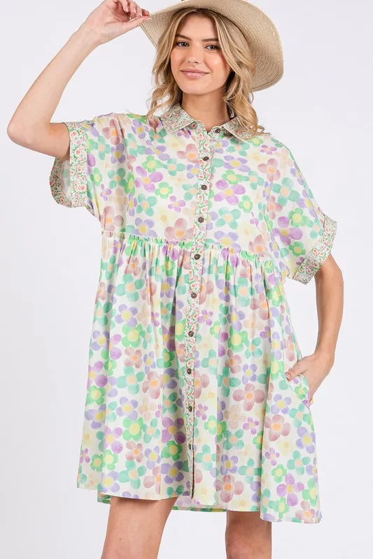 Floral-Babydoll-Short-Sleeves-Dress-Gum-Leaf Floral Babydoll Short Sleeves Dress - Gum Leaf