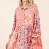 Floral Button Detail Long Sleeve Shirt Dress - Coral Pink