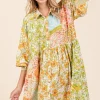Floral Button Detail Long Sleeve Shirt Dress - Green Tea