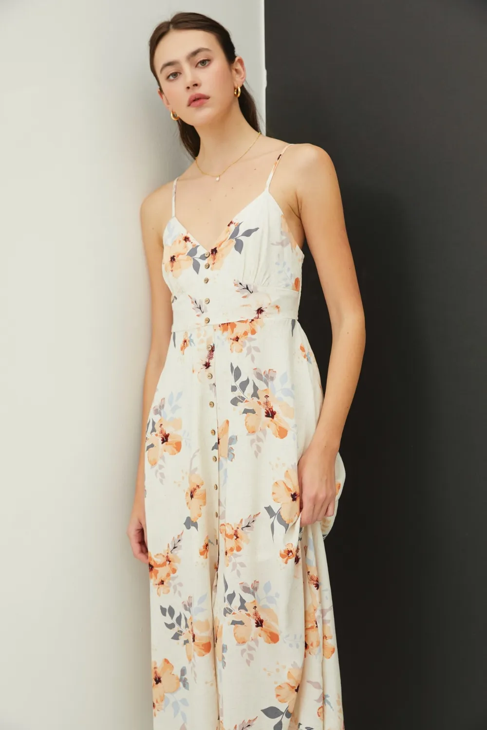 Floral Button Down Cami Midi Dress -  Peach Hibiscus