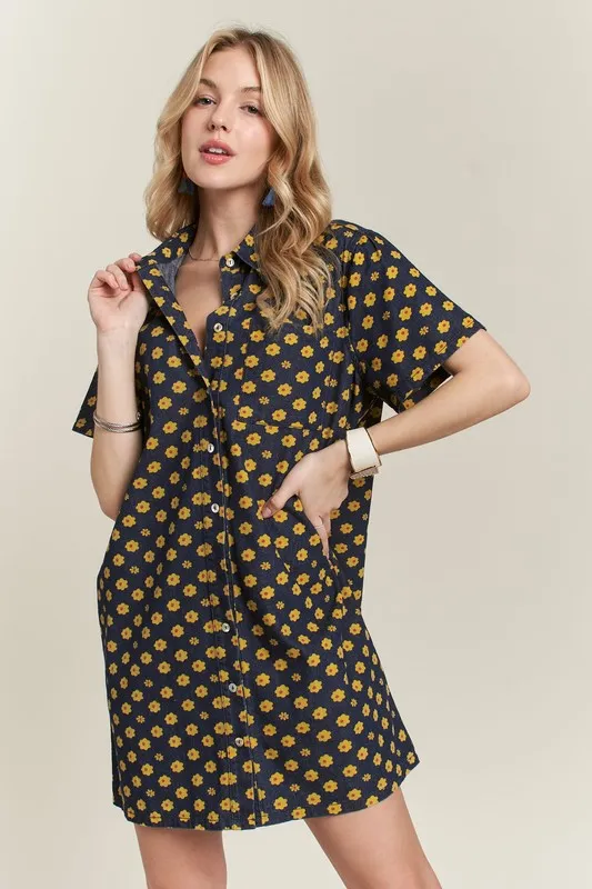 Floral Button-Up Mini Denim Dress - Dark