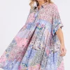 Floral Collared Neck Half Sleeve Mini Shirt Dress - Pink Multicolor