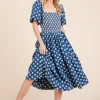 Floral Embroidered Smocked Puff Sleeve Tiered Midi Dress - Royal Blue