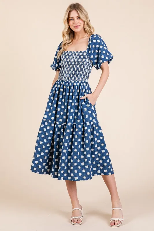 Floral-Embroidered-Smocked-Puff-Sleeve-Tiered-Midi-Dress-Royal-Blue-4