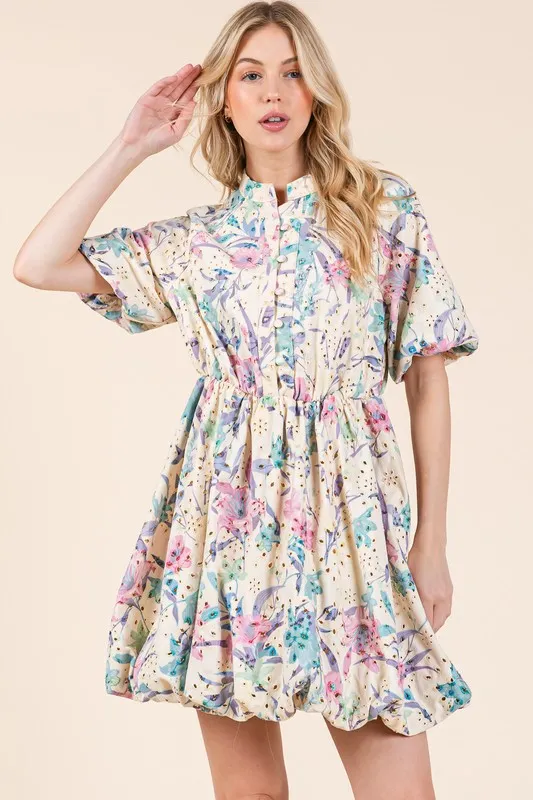 Floral Eyelet Lace Puff Sleeve Mini Shirt Dress - Purple/Pink