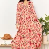Floral Frill Trim Flounce Sleeve Plunge Maxi Dress - Floral
