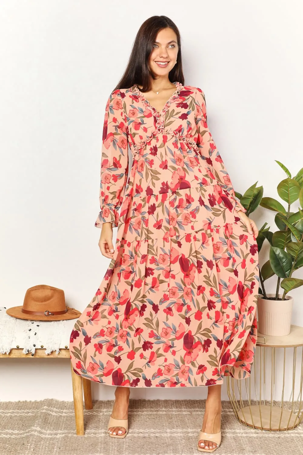 Floral-Frill-Trim-Flounce-Sleeve-Plunge-Maxi-Dress-Floral Floral Frill Trim Flounce Sleeve Plunge Maxi Dress - Floral