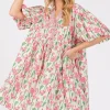 Floral Half Button Notched Puff Sleeve Dress - Pink