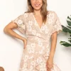 Floral Lace Pompom Detail Tie-Waist Flutter Sleeve Dress - Tan