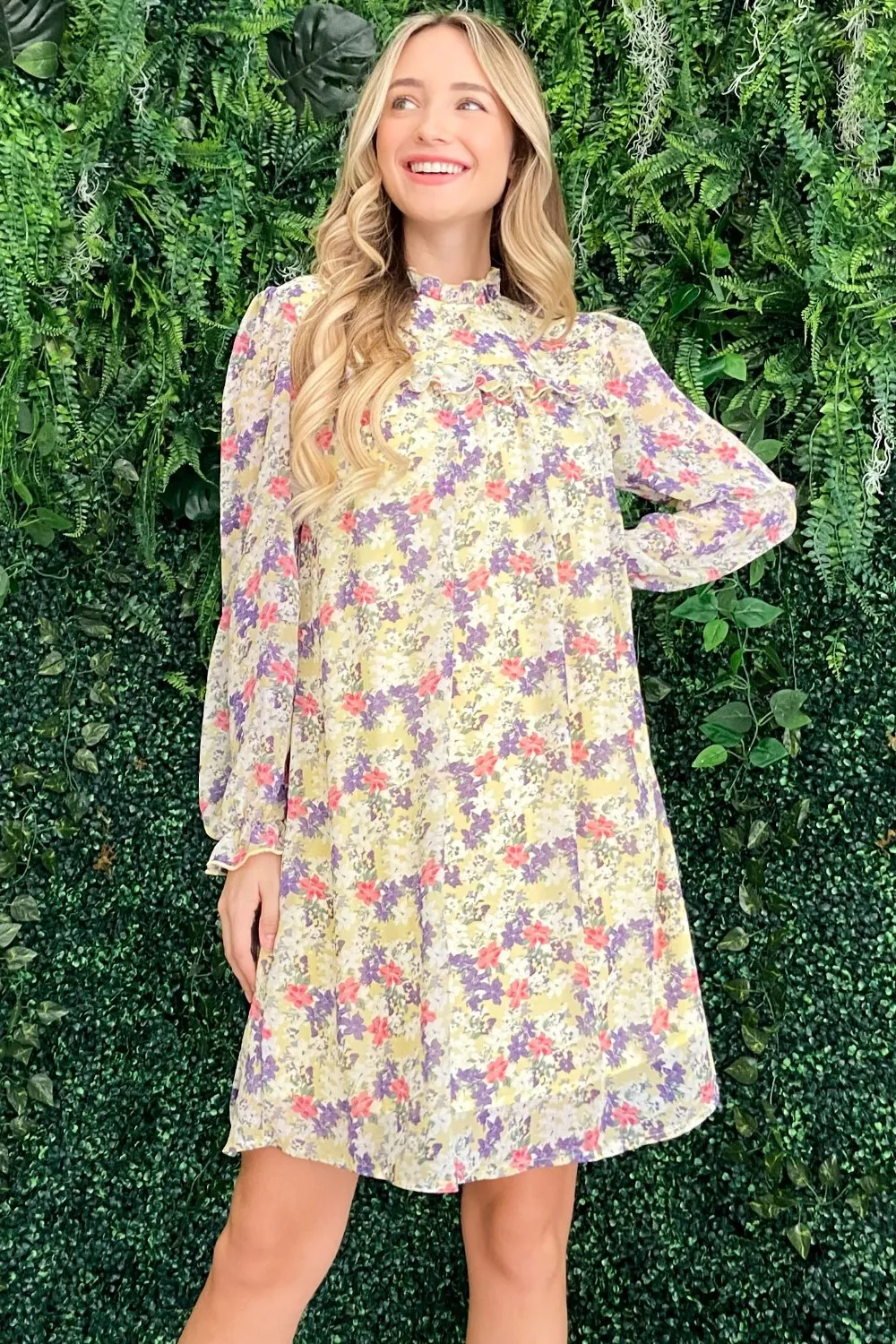 Floral Mock Neck Flounce Sleeve Dress - Lemon