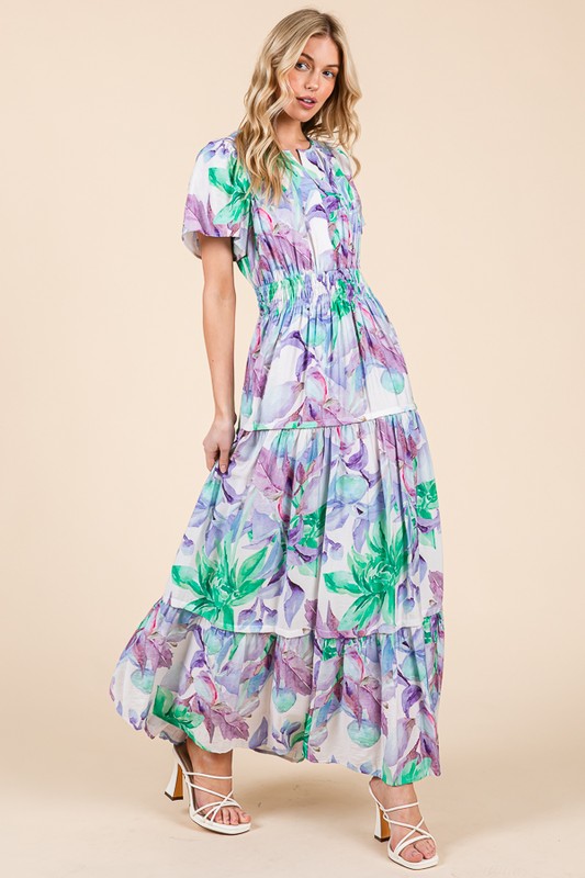 Floral Print Short Sleeve Smocked Maxi Dress - Lavender Combo