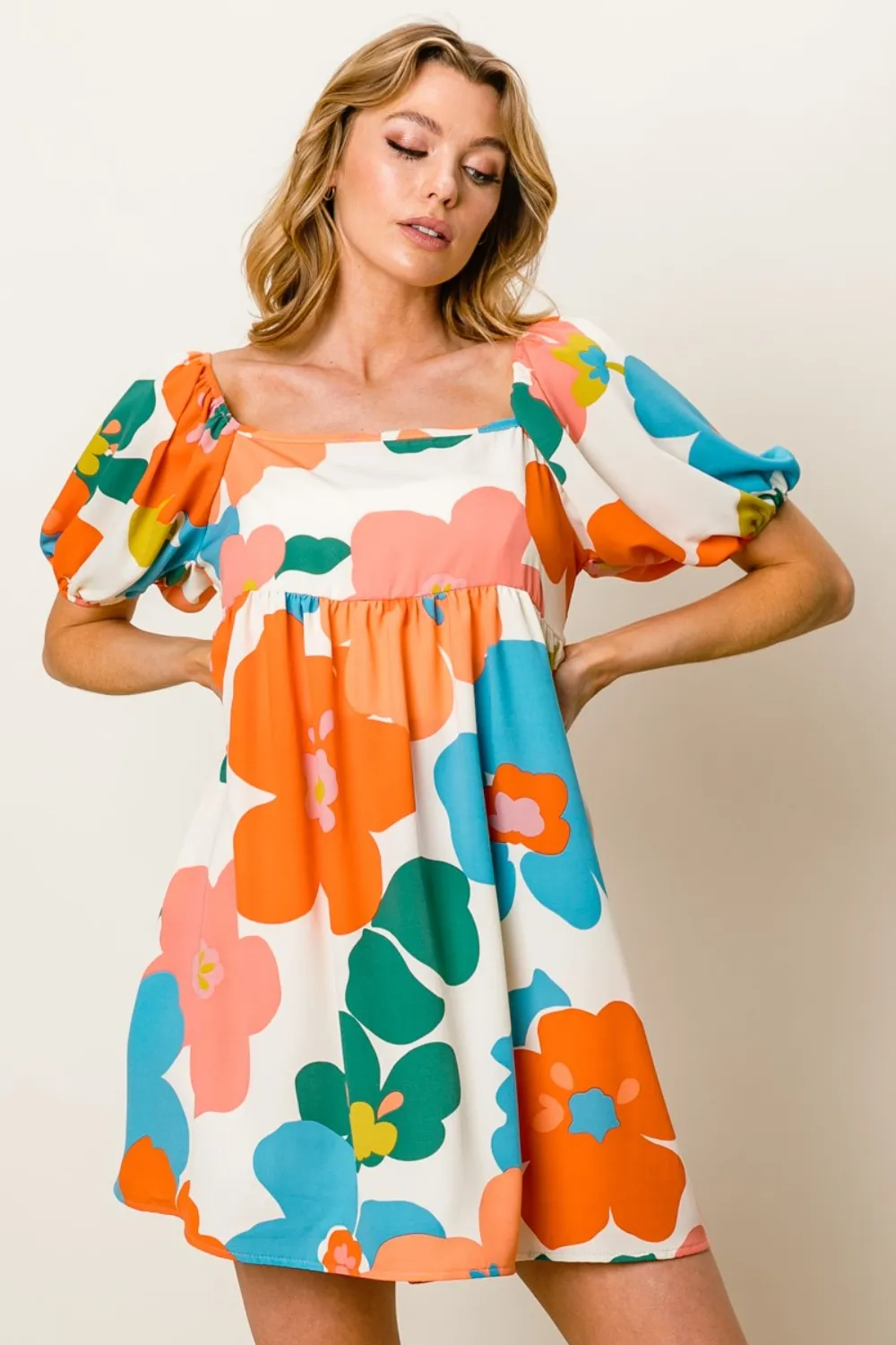Floral Puff Sleeve Mini Dress - Cream/Orange/Blue