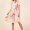 Floral Round Neck Short Sleeve Tiered Dress - Apricot