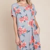 Floral Round Neck Short Tee Dress with Pockets -  Grey