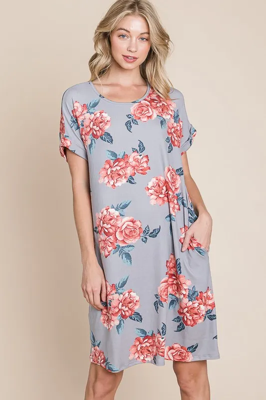 Floral Round Neck Short Tee Dress with Pockets -  Grey
