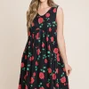 Floral Ruched Tank Dress - Black