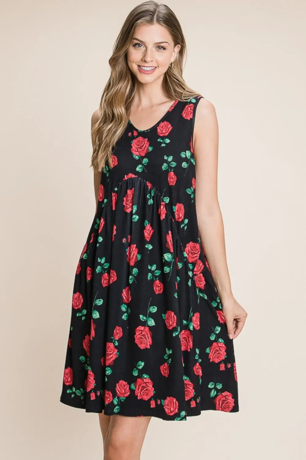 Floral Ruched Tank Dress - Black