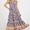 Floral Ruffled Notched Cap Sleeve Maxi Dress -  Peacock  Blue