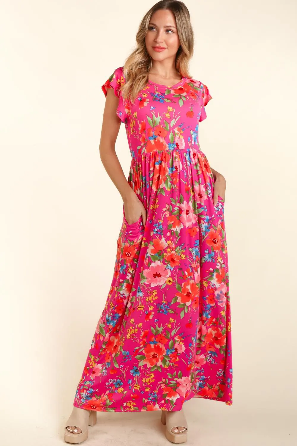 Floral-Ruffled-Round-Neck-Cap-Sleeve-Dress-Fuchsia-1