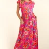 Floral Ruffled Round Neck Cap Sleeve Dress - Fuchsia